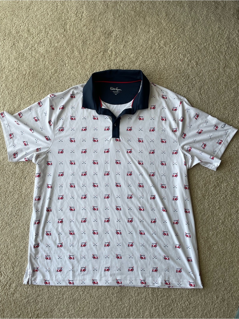 Walter Hagen White Printed Polo Shirt Navy Contrast Collar Men’s Size XXL Golf